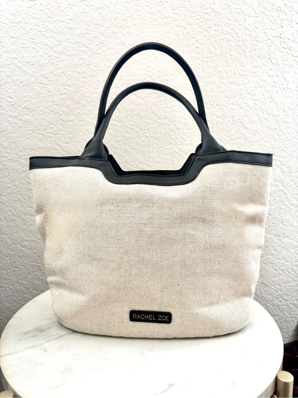 Rachel Zoe Cream Canvas Tote with Black Trim and Handles